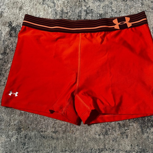 Under Armour Pants - Under Armour Women Orange Athletic Compression Shorts Logo Sport Size L